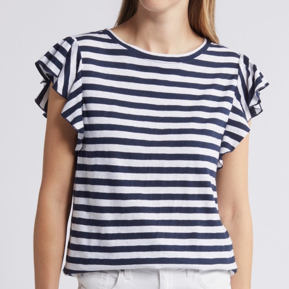 Caslon Navy and White Striped Short Flutter Sleeve Top